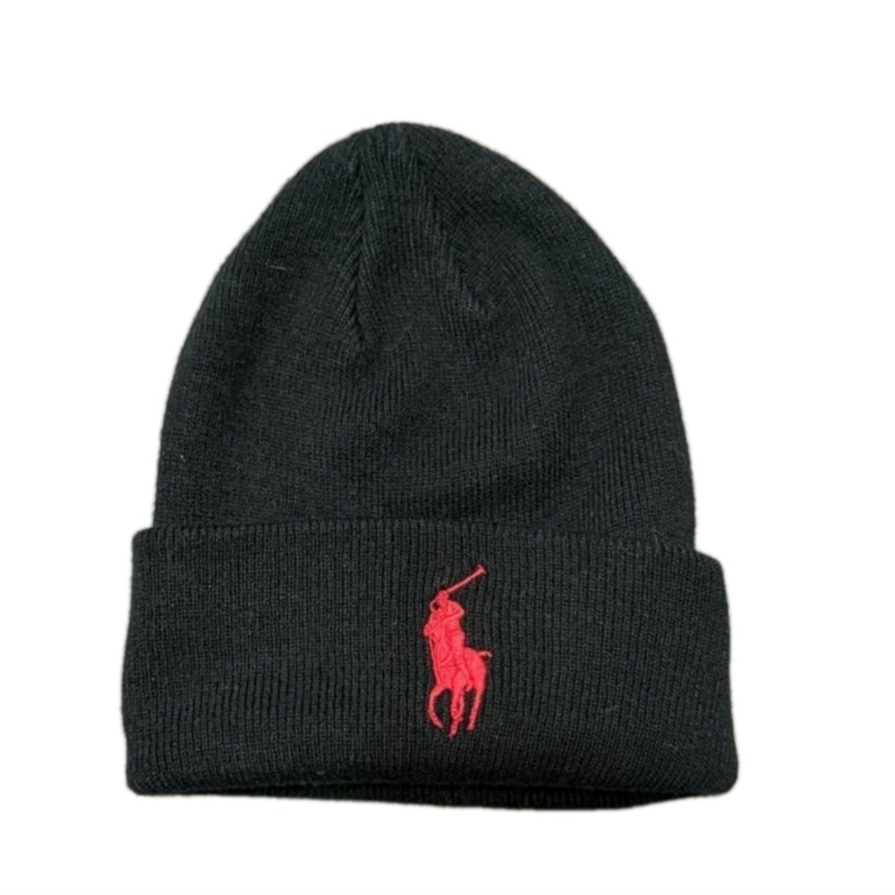 POLO Ralph Lauren Big Pony Black Beanie Hat Cap Red Pony Logo (EUC)